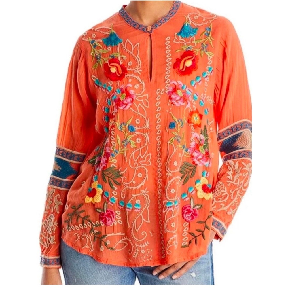 Johnny Was Floral Embroidered Blouse Top M Orange Relaxed Long Sleeve Boho Artsy